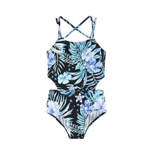 Image of LIZENS Girls' One Piece Leopard Swimwear Cut Out Spaghetti Straps Swimsuit Floral Beach Bathing Suit for Girls Toddler Kids