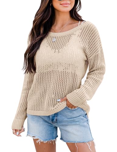 XuBa Women's Crochet Top Shirts Long Sleeve Hollow Out Summer Sweater Knit Cover Up