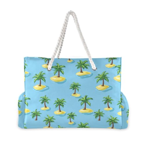 JUNZAN Tropical Trees Blue Beach Tote Bag with Handles Swim Pool Bag Beach Totes Bags for Women with Waterproof Pockets3