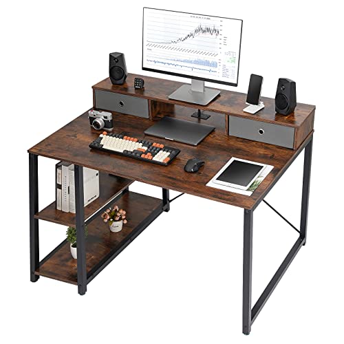 TOPSKY 47â€x 31.5â€ Computer Desk with Drawers, Monitor Stand, Storage Shelf, 3-Port Charging Station (Rustic Brown)