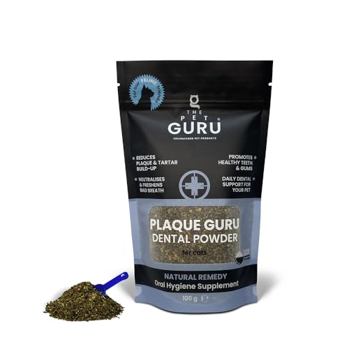 THE PET GURU Plaque Guru Complément d'hygiène bucco-dentaire pour chats, 100 g – Poudre de soins dentaires – Réduit la plaque dentaire – Haleine fraîche – Réduit l'inflammation des gencives – Santé