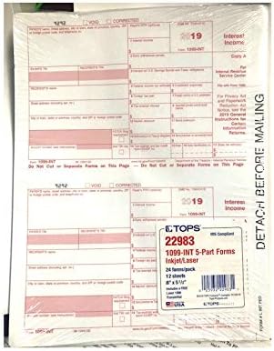 Tops 22983 1099 Int and 1096 Transmittal for Year 2019 5 Part Inkjet/Laser 8" x 5 1/2" 6 1099 Forms and 1 1096 Form