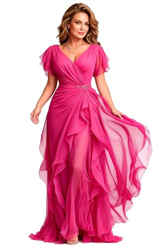 Short Sleeve Mother of The Bride Dress for Wedding Ruffle Chiffon V Neck