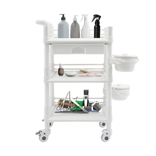 All-in-One Beauty Cart with Locking Wheels & Drawer | 3-Tier Heavy-Duty 176lbs Rolling Storage Organizer for Salon, Spa, Nail Tech, Clinic, Home | ABS Mobile Utility Trolley (White)