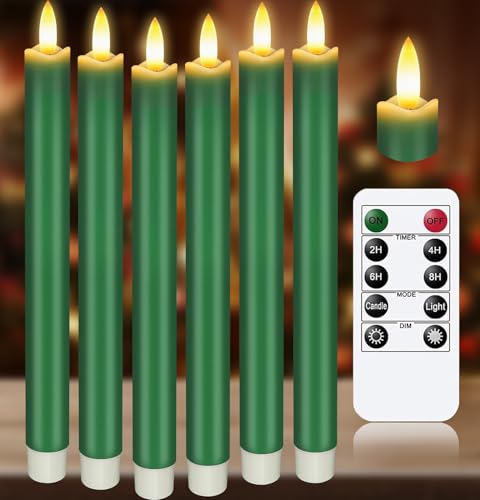 Image of Upgraded Real Wax LED Flameless Green Taper Candles with Remote, KSWING 6 PCS Candlesticks Battery Operated 3D Flickering - 9.6 inch Long Realistic Fake Candle Sticks for Home /Wedding /Fireplace Xmas Decor