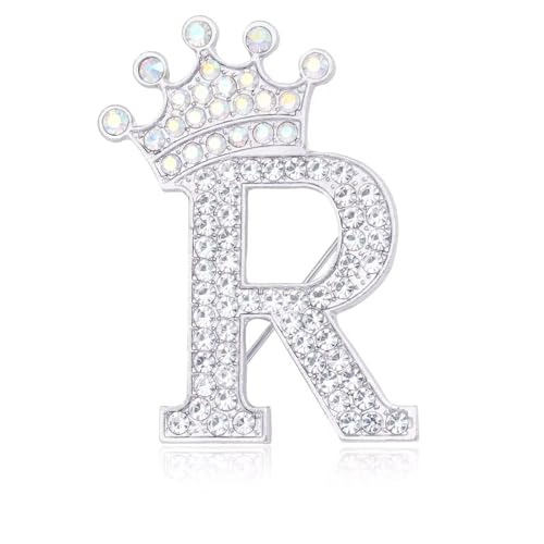 Image of Initial Letter Brooch Pins with Crown for Women Girls Men Boys Personalized Name Brooches Crafts Colorful Rhinestone Brooch Pins Silver A-Z