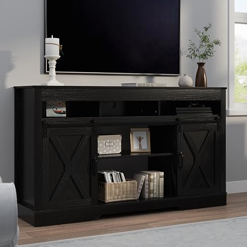 Image of RoyalCraft Farmhouse TV Stand for 23 inch Fireplace, 34'' Tall Entertainment Center for 65+ Inch TV, 34 inch Tall Rustic TV Console with Sliding Bar Door for Living Room Black