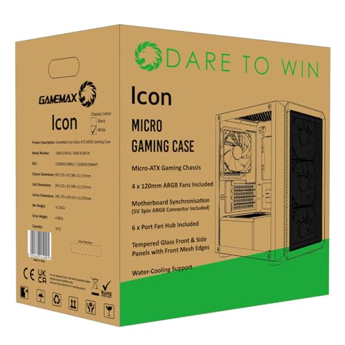 Gamemax Icon White Micro-Atx Tg Gaming Case - 4 X Inner-Ring Argb Fans & 6-Port Fan Hub - 11