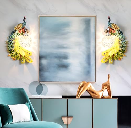 Image of Modern Peacock Wall Sconce | Resin Decorative Wall Lamp with Crystal Accents | European Retro Style Wall Light for Home Decor | Multicolour | Bulb Not Included
