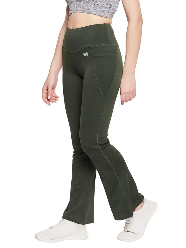 Image of Clovia Women's Comfort Fit High-Rise Flared Yoga Pants with Side Pockets (AB0119R17 Green M)