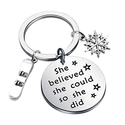 Image of CENWA Snowboarder Gift 3D Snowboard and Snowflake Pendant Snowboarding Keychain Snowboarder Team Gift She Believed She Could