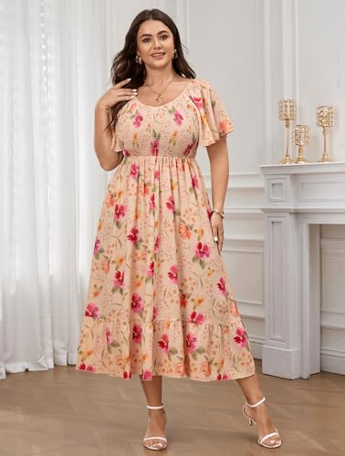 Image of SCOMCHIC Women's Plus Size Summer Dress Casual Short Sleeve Scoop Neck Maxi Dress Smocked Ruffle Boho Flowy Long Dresses