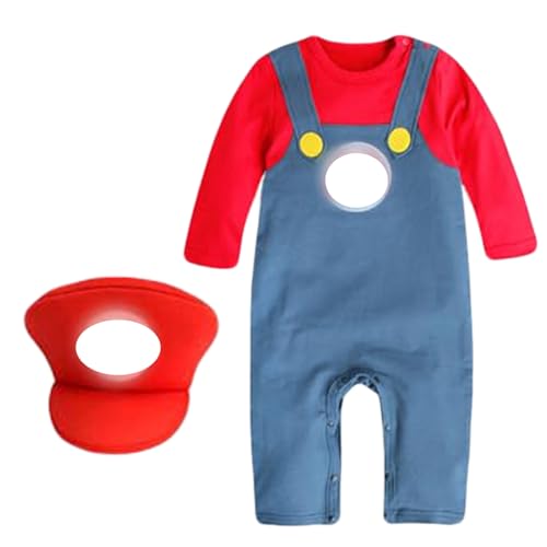 fenglin love コスプレ服 マリオ ルイージ 2点セット カバーオール ロンパース ベビー用 男女兼可 ハロウィン キッズコスチューム 帽子 かわいい 出産祝い 3〜24ヶ月 (レッド,70)