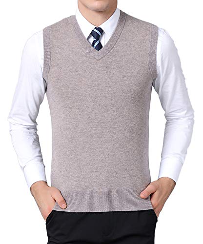 FULIER Mens Winter V-Neck Sleeveless Vest Classic Business Gentleman Knitwear Knitted Waistcoat Sweater Cardigans Tank Tops (XL, Light Brown)