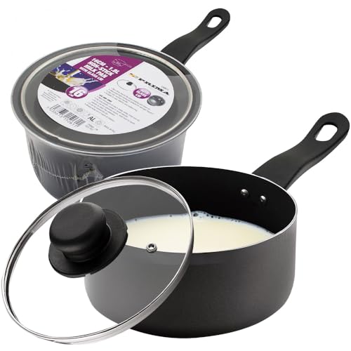 16cm Milk Pan + Glass Lid - Sauce Pot Tea Handle Kitchen Non Stick Cookware | Easy to Clean | Stay Cool Wooden Handle | Boil Eggs, Warming Milk