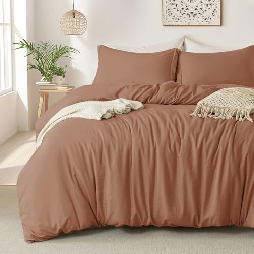 Image of MILDLY Duvet Cover Queen Ultra Soft Comforter Cover Set 3pcs, Mocha | Washed Microfiber Cotton-Like, Breathable Comfort, Hidden Zipper, 8 Corner Ties, OEKO-TEX Certified, Fade Resistant