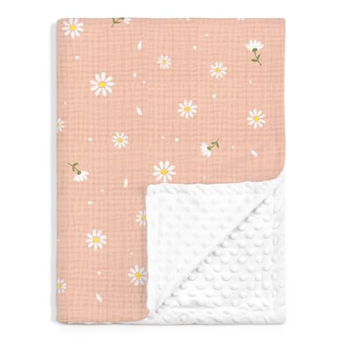 Image of SANDJEST Daisy Minky Muslin & Dotted Blanket 30x40 in Gift for Holiday, Gender Reveal Party, Hospital Visit, Baptism