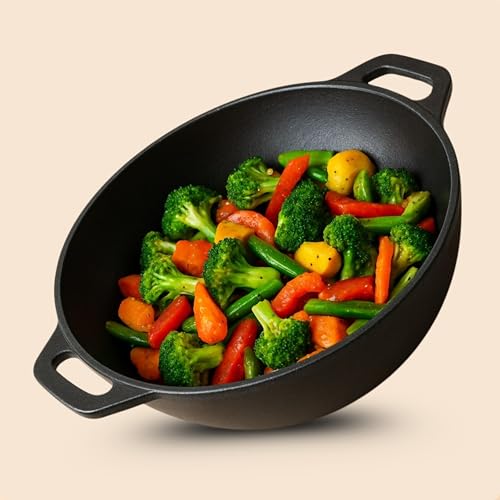 Image of kyyte OxyStone Pre-Seasoned Cast Iron Kadhai with 2 Loop Handle 26 cm Dia,3 Liter Capacity,Naturally Nonstick Cast Iron Kadai, 100% Pure and Toxin-Free,No Chemical Coating,Gas,Induction,OTG Friendly.