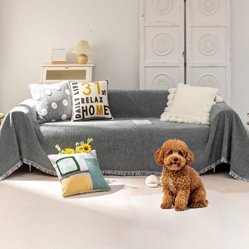 VClife Couch Covers for Sofa, Non Slip Sofa Covers for Dog Washable Couch Covers for 3 Cushion Couch Sofa with Tassel, Pet Sectional Sofa Covers Chenille Furniture Protector, Dark Gray, 91"x150"