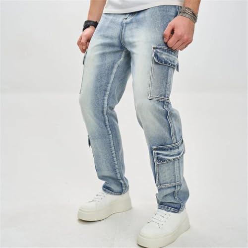 Men Pockets Loose Cargo Jeans Trousers Solid Casual Straight Denim Pants2