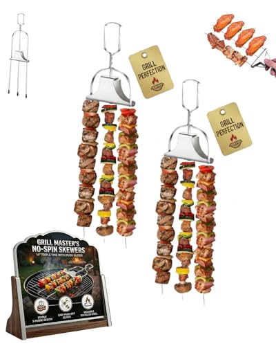 Skewers for Grilling Metal Kabobs BBQ Grill Skewer 3 Way Outdoor Accessories Stainless Steel Chicken Savant Kebab Barbecue Fork Meat Anti Spin 3 Prong Barbeque Reusable Grilling (2)