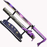 Purple Ninja Wakizashi Combat Ready High Manganese Steel Japanese Samurai Sword Full Tang Sharp Blade Engraved Gold Flowers Beautiful Knife Middle Length Katana