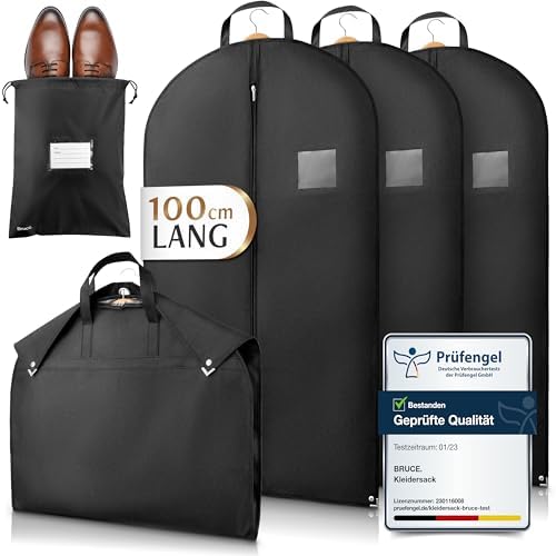Bruce.® Kleidersack - 3x 100x60 cm Kurz – Schwarz | Inkl. Schuhbeutel. Atmungsaktive Kleiderhülle, 120 GSM, für Anzug, Jacke & Hemd – ideal für Reise & Aufbewahrung
