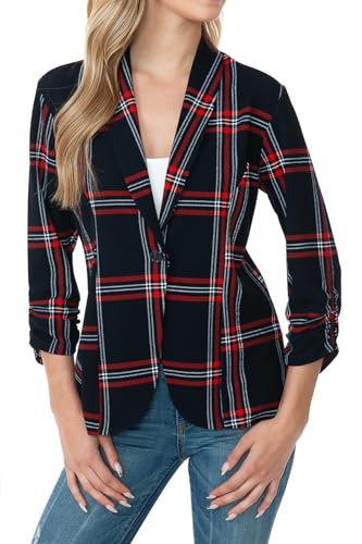 MINEFREE Women's 3/4 Ruched Sleeve Lightweight Work Office Blazer Jacket Plaid Checkered PLNAVY M