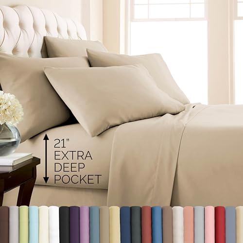 Southshore Fine Living, Inc. 6-Piece King Sheet Set, 21-Inch King Bed Sheets Deep Pocket, Fitted and Flat Sheet Set, Microfiber Bedding, Premium Bedding, Beige Pillow Cases, Beige Sheets, Soft Sand