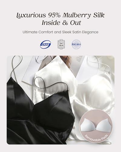 Women's Real Mulberry Silk Satin Bralette Camisole - Wireless Bra Crop Top, V-Neck Spaghetti Strap Tank Top3