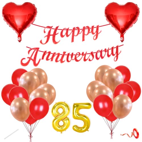 Image of Flyloons 85th Happy Anniversary Decoration Items Red Rose Gold for Men Women Husband Wife Mom Dad Parent Couple Home Bedroom Car With 20 Pcs Metallic Balloons Anniversary Banner 2 Pcs Heart Set Kit
