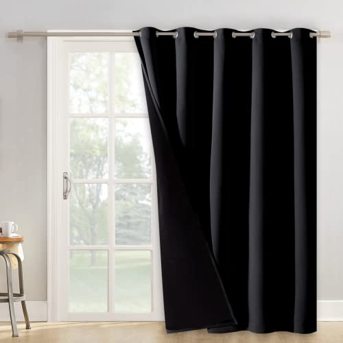 NICETOWN Extra Wide Patio Door Curtain, Super Heavy-Duty Thermal Sliding Glass Door Lined Drape, Privacy Assured 100% Blackout Window Treatment(Black,