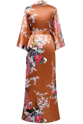 Image of BABEYOND Women's Kimono Robe Long Satin Robes with Peacock and Blossoms Printed Kimono Nightgown