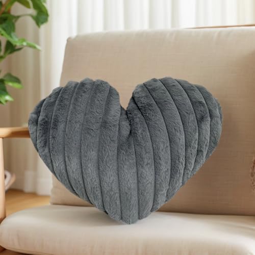 Nmkopzy 16 Inch Gray Heart Pillow Cute Soft Decorative Throw Pillows, Heart Shaped Fluffy Faux Fur Pillows Cushions for Couch Chair Bed Bedroom Room Home Decor Aesthetic (1, Gray, Medium-16 x13)
