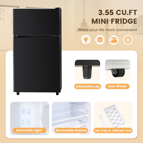3.55 Cu.Ft Mini Fridge with Freezer, Small Refrigerator with 2 Doors for Kitchen, Dorm, Office and Bedroom, Mini Refrigerator with Adjustable Shelves (Black)