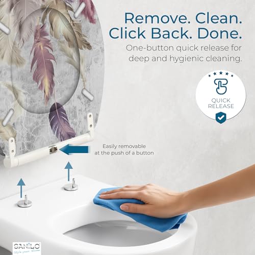 Image of Sanilo Wooden Toilet Seat with Quick Release & Soft Close [ROUND] - Decorative & Slow Close Molded Wood Seat - With One Click for Easy Installation & Cleaning - With Adjustable Fit (Feathers)