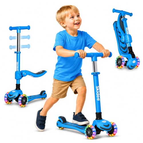 Image of SKIDEE Kick Scooter for Kids Ages 3-5 | Foldable 3 Wheel Scooter with Lean-to-Steer, Adjustable Height, Removable Seat & LED Light Wheels | Toddler Scooter Up to 12 Year Old Boys /Girls