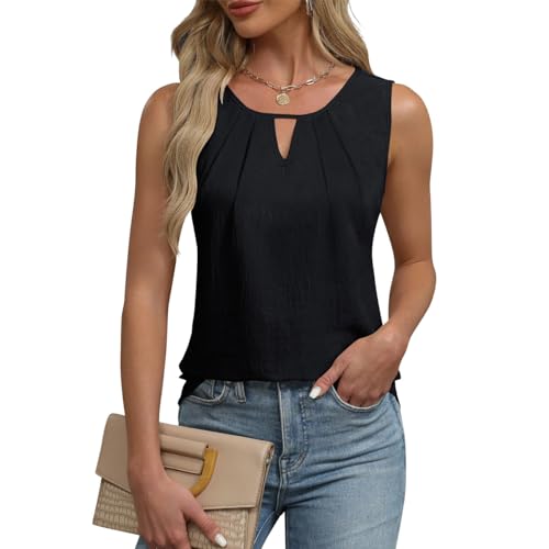 EMOTTOS Tops sin Mangas Acanalados para Mujer, Camiseta de Tirantes de Verano con Cuello en V y Cintura ceñida.(Negro-S)