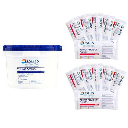 Image of Leslie's Chlorine and Shock Bundle for Sanitizing Swimming Pools - Includes 20 Pound Bucket of 3 Inch Stabilized Chlorine Tablets and 12 x 1 Pound Bags of 73% Cal-Hypo Pool Shock LESLTabs20 Shock12