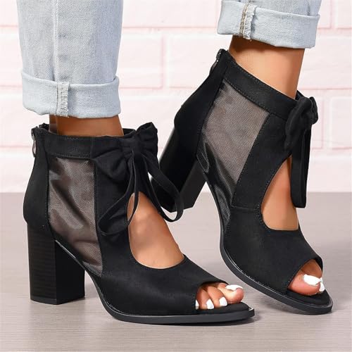 Womens Chunky High Heel Sandals Ankle Strap Open Toe Dress Shoes Cut Out Mesh Bows Strappy Sandals High Block Heels Peep Toe Summer Ankle Boots Fish Mouth Fashion Breathable Dressy Booties Shoes4