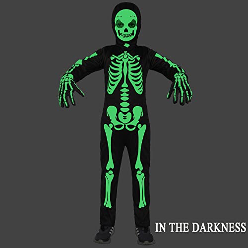 Sicypoty Kids Skeleton Costume Glow In The Dark Halloween Bone Bodysuit With Skeleton Hood Mask Black 5-7Years thumb #2