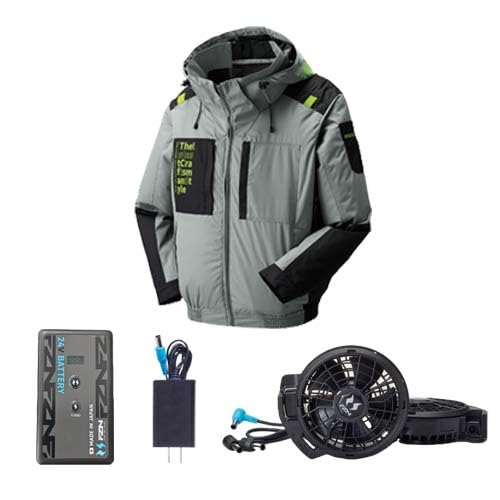 [�A�^�b�N�x�[�X] �󒲃E�F�A �`�^���t�[�h�����u���]����24V�o�b�e���[�ƃt���b�g�t�@���Z�b�g 7743+RD9691NJ+RD9620PH S�`5L �T���G�X �󒲕��_��(�O���[ M)