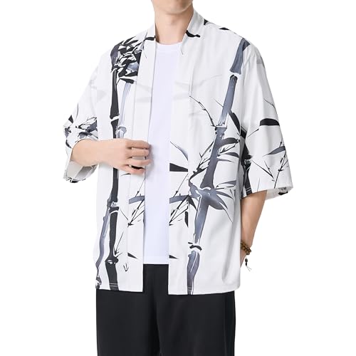 Image of PRIJOUHE Men's Lightweight Kimono Jacket Seven Sleeve Open Front Cardigan Coat Japanese Style Bathrobe