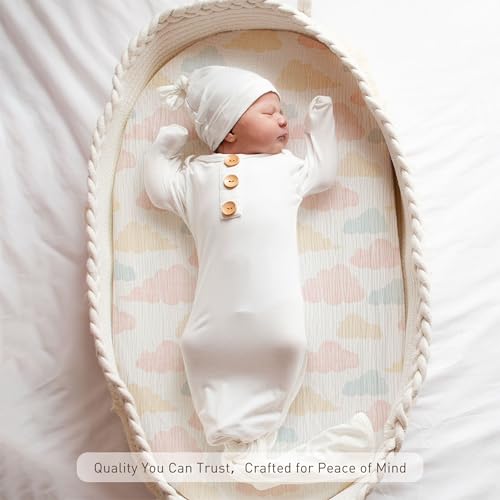 Image of Muslin Bassinet Fitted Sheets 2 Pack, Soft Breathable Cotton Baby Bassinet Mattress Sheet Set, 360 Elastic Snug Fit, Universal for Oval, Rectangle (Cute Animals, Bassinet Sheets 2 Pack)