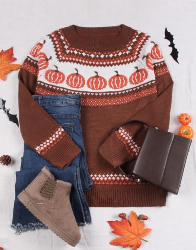 Image of Women's Fair Isle Sweater Crew Neck Long Sleeve Heart Sweater Vintage Tops