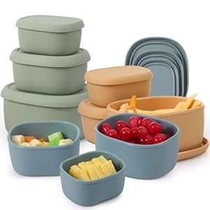 9 Pcs Nesting Silicone Food Storage Containers with Lids Collapsible Airtight Silicone Containers Snack Containers Camping Food Storage for Kitchen (6.7oz, 10oz, 20oz) Green Blue Yellow