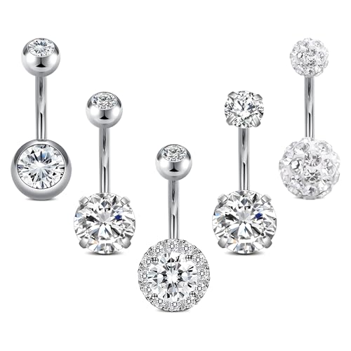 Crdifu 5Pcs Belly Button Bars Silver Belly Bar 316L Stainless Steel Belly Bars 14 Gauge 10mm Belly Button Piercing Basic Navel Jewellery Barbell Set Clear Cubic Zirconia Everyday Essentials Pack