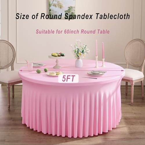 Htper 12 Pack Baby Pink Spandex Round Tablecloths for 60 inch Table, Wrinkle Free Stretchy 120inch Fitted 5FT Round Table Cloths Cover with Skirt for Wedding Party Dining Banquet Events by Htper - Image 6