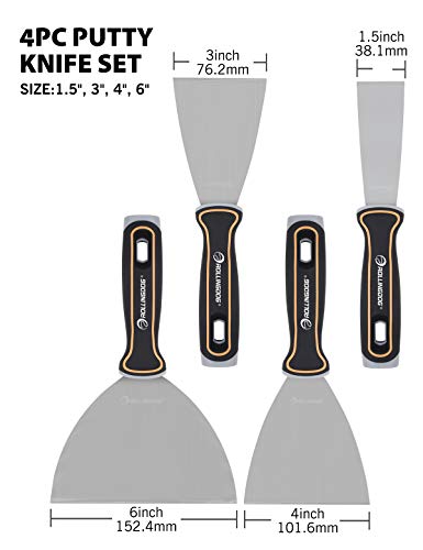 Rollingdog 4Pc Putty Knife Set(1.5",3",4",6") With Stainless Steel Blade And Ergonomic Rubber Coated Handle,Spackle Knife Great For Scraping, Cleaning, Spreading On Drywall Repairs #TOP1