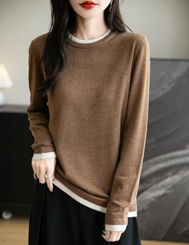 Women's Merino Wool Blend Sweater Fall Winter Fake Two Piece Color Block Shirt Crewneck Long Sleeve Knit Pullover4